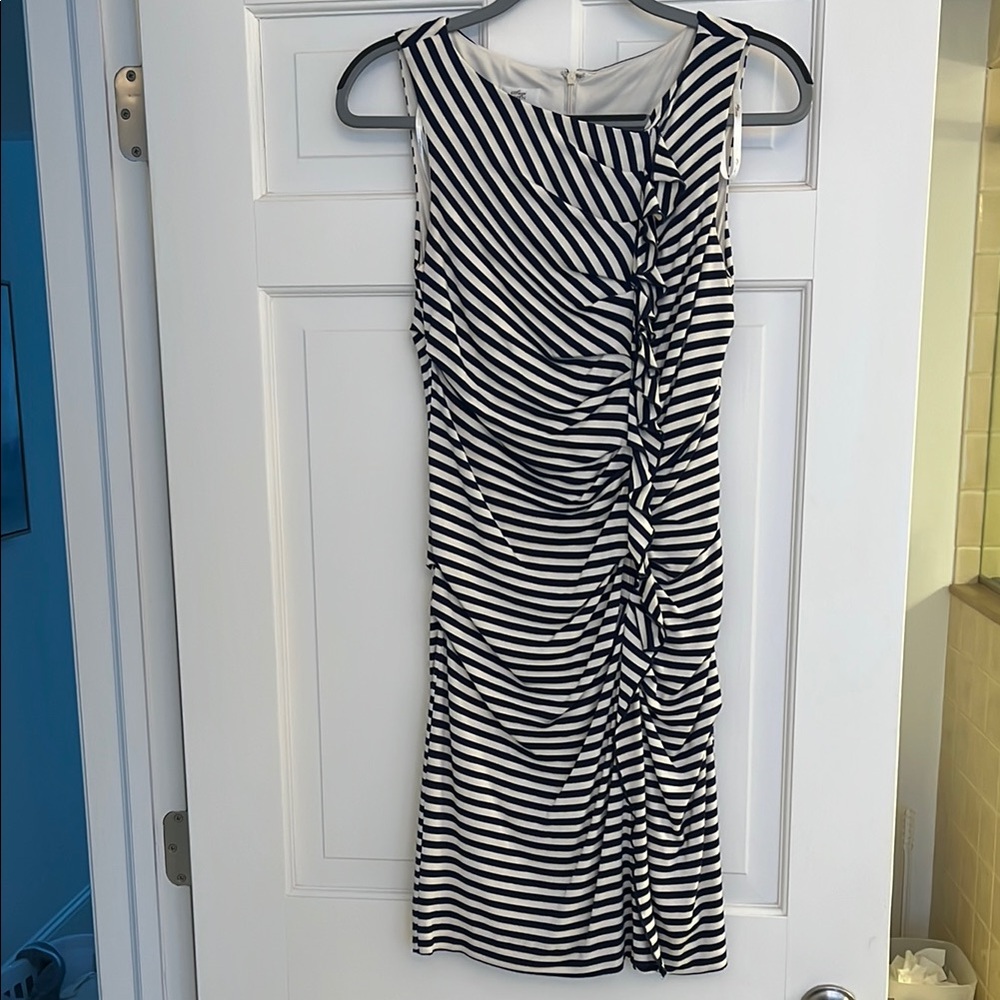 Navy and White Sleeveless Ruched Asymmetrical Dress